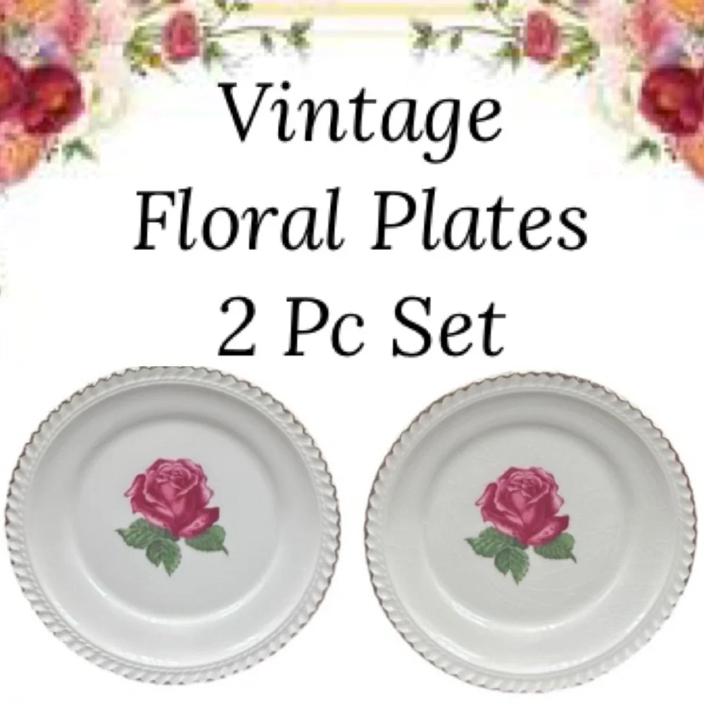 Vintage Floral Plates Harkerware China Rose 2 Pc Plate Set Cottage Pink Ivory